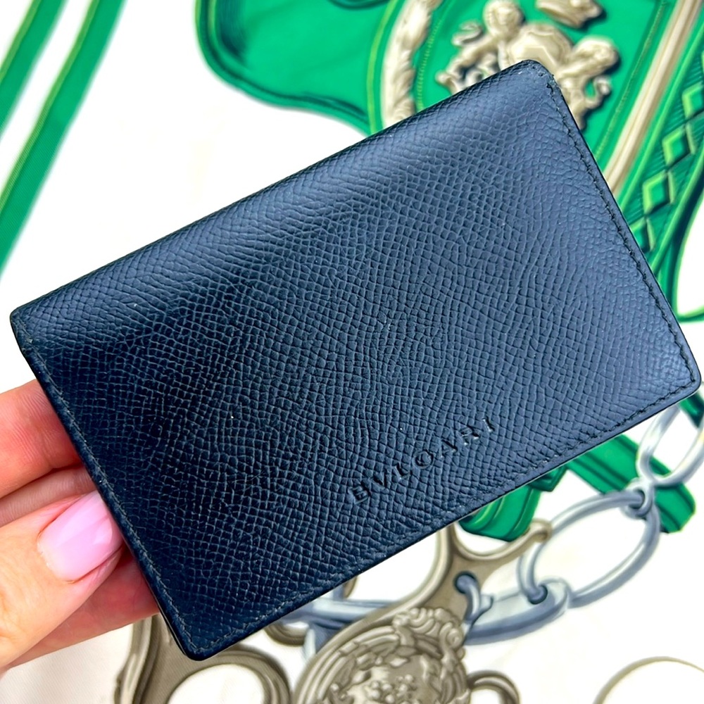 Auth.BVLGARI Black Leather small wallet unisex card holder minimalist w.card